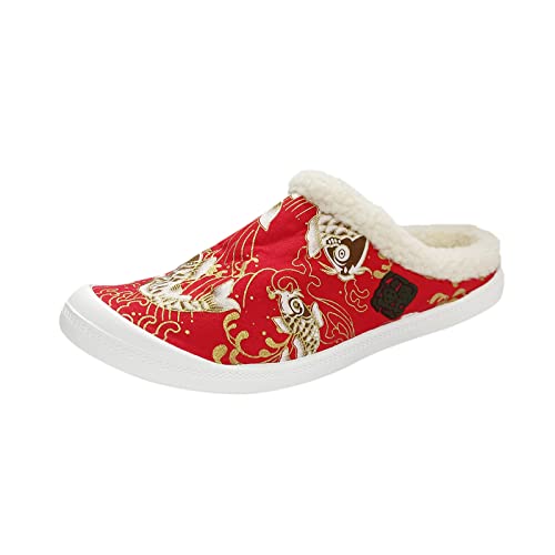 House Slippers for Women Men Medium Width Couple's Winter Indoor Cargo Shoes Fit and Flare Buttery Feeling Loungewear (E-Red, 10)