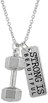 Fitness Necklace Strong Is Beautiful With Dumbbell Pendent Antique Silver Plated