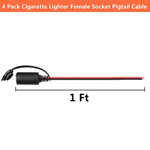 Cigarette Lighter Female Socket Pigtail Cable 1Ft Car Charger Power Cigar Female Socket Connector Cord with Dust Cap (4 Pcs Female Socket)