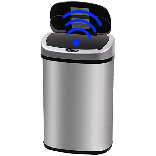 Trash Can 13 Gallon Garbage Can Stainless Steel Automatic Touch High-Capacity Waste Bin with Lid Trash Bin for Home Kitchen Bathroom Bedroom Office,Powered by Batteries