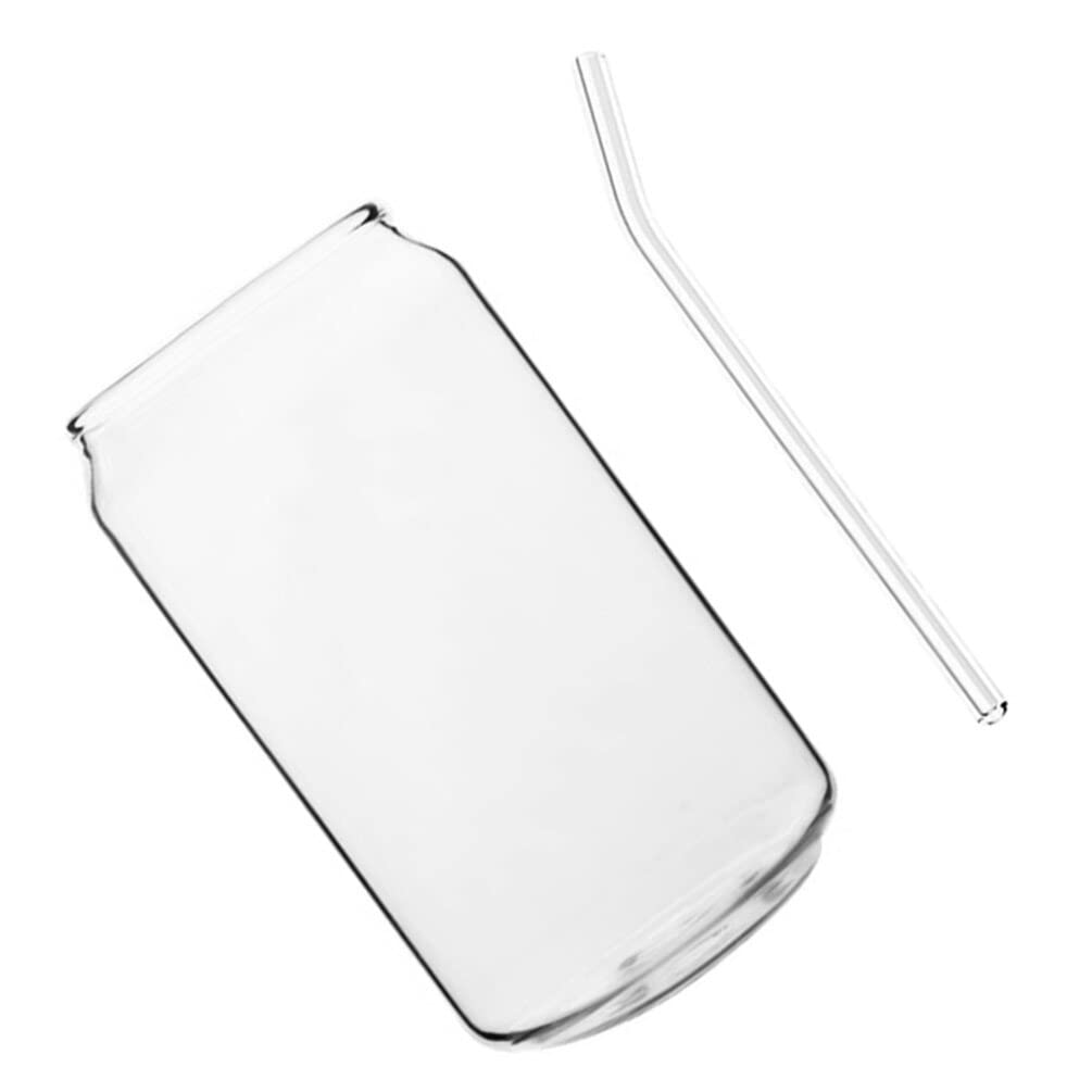 Can Shaped Glass Cups- 12oz Clear Drinking Glasses with Glass Straw- Iced Coffee Cup Cute Glass Tumbler for Whiskey Wine Soda Juice Cocktail Beverage