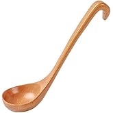 Wooden Soup Ladle - Natural Large Scoop With Long Handle for Cooking - Heavy Duty Wood Spoon With Hanging Hook