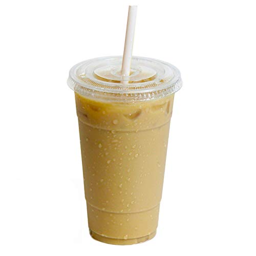 24 oz Clear Plastic Cups With Flat Slotted Lids for Iced Cold Drinks Coffee Tea Smoothie Bubble Boba, Disposable, Extra Large Size [50 Pack] (Best Tea To Drink For A Cold)