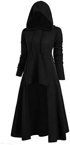 Women Hooded Sweatshirt Dress Long Sleeve Medieval Vintage Lace Up High Low Cloak Robe