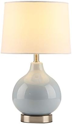 American Blue Ceramic Lamp, Cream Blue Body with Brushed Nickel Base, White Fabric Shade