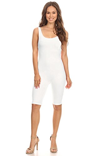 Women Sleeveless Stretch Skinny Solid Knee Length Sport Unitard Bodysuits Active (X-Large, White) - Thumbnail 2