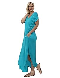 Preppy muñeca fabricado en Estados Unidos y sólido de rayas para mujer verano Casual Manga corta y cuello en V bolsillo lateral de Split y largo Maxi vestido