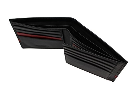 Genuine Calf Leather Black & Red Bi-fold Wallet Quinn Flip ID with Gift Box (53-27)