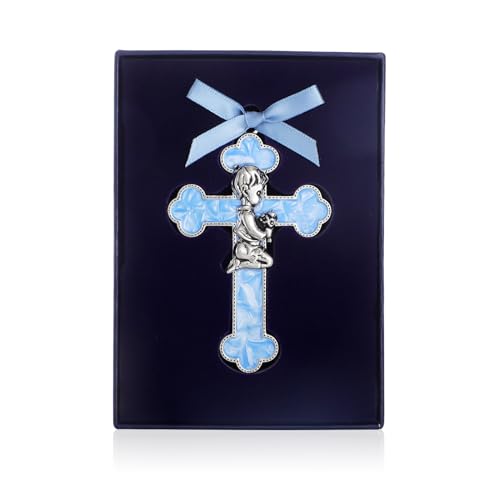 KOMI Baptism Gifts for Boys Blue Enamel Baby Wall Cross Christening Praying Boy Cross Christening and Dedication Baptismal Gifts from Godparents