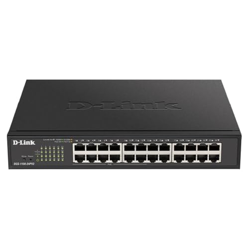 D-Link DGS-1100-24PV2 - 24-Port Gigabit PoE Smart Managed Switch with 12 PoE Ports, 100W PoE power budget, 802.3af/at, VLAN support, layer 2 features, QoS, 802.3az EEE, Fanless, Black