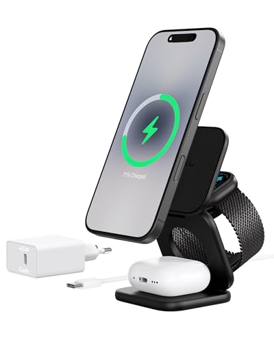 KU XIU X40 Turbo Qi2.2 25W 3-in-1 Ladestation für iPhone 17/16/15/14/13/12, 5W für Apple Watch und AirPods, faltbares kabelloses induktives Ladegerät,