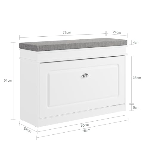 SoBuy FSR82-L-W Entrance Shoe Bench with Lid Storage and Cushion – Shoe Storage for Hallway or Living Room – 75 x 24 x 51 cm, White, FSR82-L-W