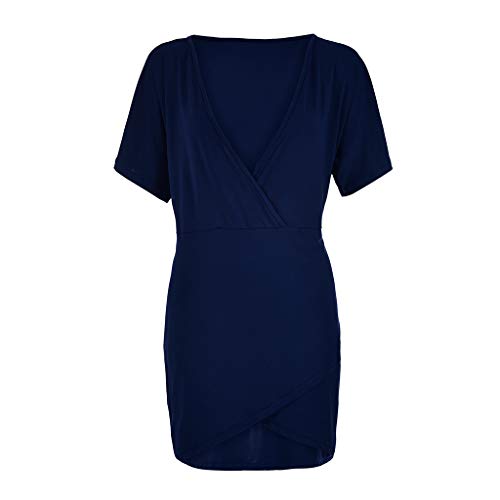 ❤️Women's Waisted Dress, Ladies Cross Wrap Solid Short Sleeve Skirt Sexy Deep V Elastic Dress Gogoodgo Blue