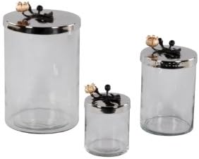 TWO TONE HAMMERED STAINLESS STEEL SMALL GLASS JAR W LID W BRASS LILY DESIGN