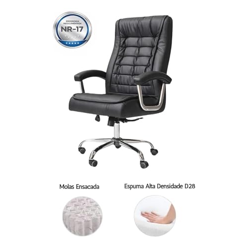 Cadeira de Escritório Ergonômica Presidente (Preta) - PREMIUM COMFORT: reclinável, altura ajustável, giratória, de couro sintético com molas ensacadas.