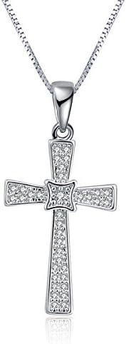 Rhodium Plated Cross Pendant Necklace Zirconia Christian Religious Jewelry, 18 ” Chain+2 “ Extend