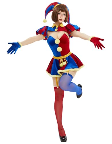 Mobbunny Women's Clown Cosplay Costume Circus Clown Bodysuit Blue Red Bodysuit and Mini Skirt with Gloves and Hat