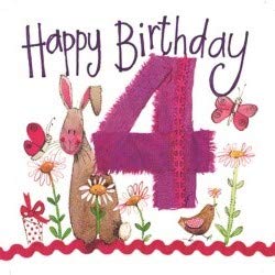 Alex Clark Happy 4th Birthday Rabbit Card - Hare - Butterfly - Birds - Flowers - Floral - Plants - Wildlife - Greetings Cards - Cards for Birthday - Designed and Printed in the UK