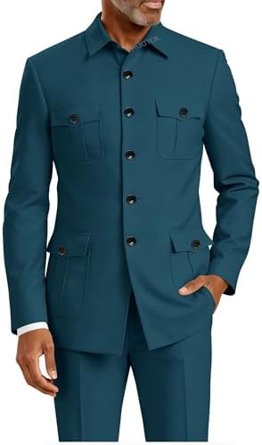 msatuy Safari Suit for Men Royal Blue Mandarin Collar Suits for