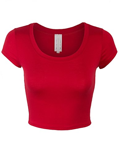 KOGMO Womens Short Sleeve Crop Top Solid Round Neck T Shirt -S-Red