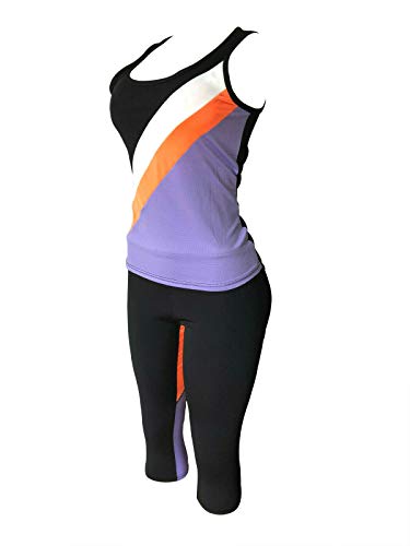 Women's Apparel Sports Gym Yoga Workout Activewear 2 Pieces Top+Leggings Set (S/M = US Size 4-8, Purple/Orange Black Mix)