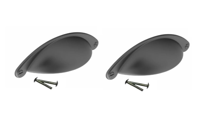 Satin Black Metal Cup Handle with Screws 64mm Hole Centre Used for Kitchens Cupboard Handles, Bedrooms Cupboards Handle, Bathrooms Cupboards Cabinet Handle Drawer Pull Handles Packs of 2 or 4 (2)