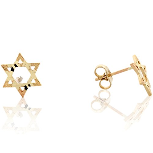14k Real Gold Star of David Jewish Religious Diamond Cut Post Earring
