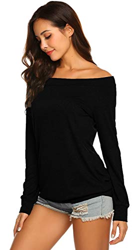 Women\'s Off the Shoulder Tops Long Sleeve Boat Neck Baggy Slouchy Shirts (L,Black)