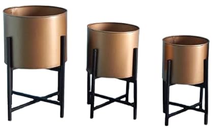 Truphe Metal Plant Pot Set | Indoor Round Planter with Metal Stand Set of 3 (Pot - Gold, Stand - Black)
