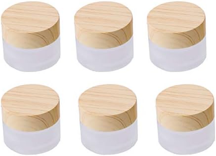 Constore 6 PCS Frosted Glass Cream Jars with Natural Wood Grain Lid Empty Refillable Cosmetic Container Bottles Sample Jars for Face Cream Mask Make Up Travel (15g)