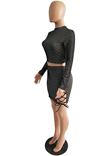 Halfword Womens Lace Up Bandage Bodycon Crop Top and Skirt Set 2 Piece Outfits Black M