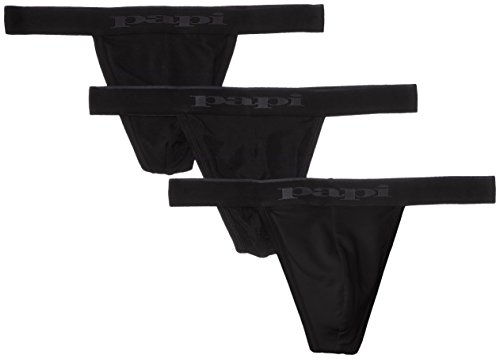 papi Men's 3-Pack Cotton Stretch Thong, Black, Large