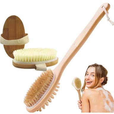 Back Scrubber for Shower Long Wooden Handle and Body Brush Round Natural Bristles Shower Bath Wet Dry Exfoliating Softening Drybrushing Set of 2