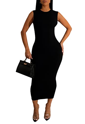 TodTan Women's Sexy Casual Bodycon Ribbed Tank Dress Round Neck Sleeveless Club Dresses B-Black at Amazon
