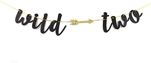 Black Glitter Wild Two Banner with Arrow - Happy 2nd Birthday Party Decoration Bunting Photo Props，Baby Party Supplies