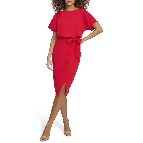 Kensie Women’s Short Sleeve Tie Waist Midi Dress, Poppy, 14