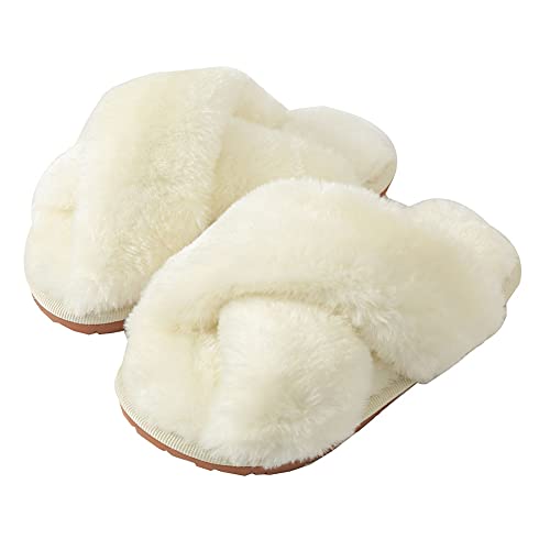 Fadezar Girls Fluffy Cute Fuzzy Slippers - Open Toe Warm Fur Slides Cross Band Plush Slip on House Indoor Slippers