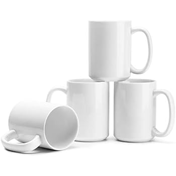 Teocera Porcelain Mugs, Coffee Mugs Set - 15 Ounces for Coffee, Cocoa, Tea - Large Handle - Set of 4, White