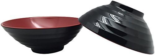 Soup Bowls Set of 2 Large Red and Black Melamine - Asian Food, Japanese Ramen, Pho Noodles, Serving Dishes for Snacks, Popcorn, Fruit and Dessert