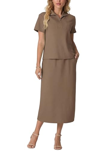 GRECERELLE Tracksuit Full Set for Women Summer Loungewear Sets for Women Two Piece Outfits Short Sleeve Half Zipper Casual Tee and Midi Skirt with