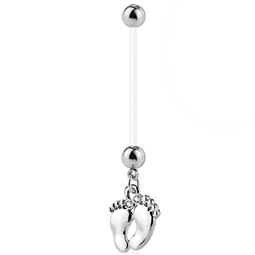 Baby Feet Steel/Bioflex Pregnancy Belly Button Navel Ring - 14 Gauge (1 Inch Long Flexible Bar) (Steel)