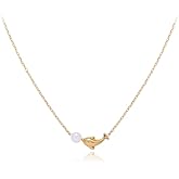 Cute Dolphin Pearl Choker Necklace for Women Stainless Steel 18K Gold Plated Sea Fish Animal Freshwater Cultured Pearl Adjustable Chain Necklaces Lovely Jewelry Gifts Birthday