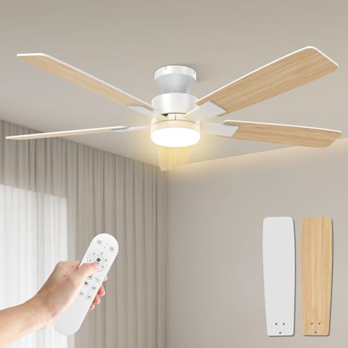 Airwit Ventilador de Techo 52 Pulgadas, Abanicos de Techo Blanco de 5 Aspas con Luz y Control Remoto, Motor Silencioso Reversible, Montaje Empotrado