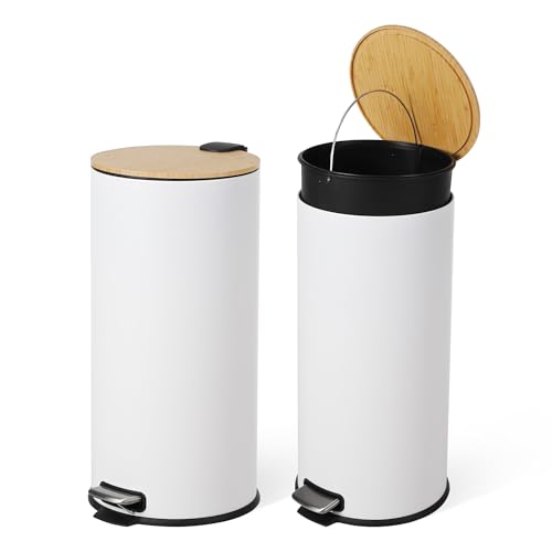 30L Stainless Steel Trash Can with Bamboo Lid, Pedal - Operated Garbage Bin with Removable Inner Bucket for Kitchen, Bathroom, Small Spaces