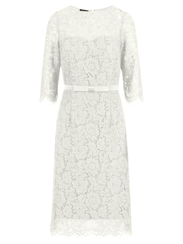 APART Fashion Damen Spitzen Midikleid, Cocktailkleid mit Schleifengürtel, Rundhalsausschnitt, 3/4 Ärmel Formales Kleid, Florales Spitzen Etuikleid Für Hochzeitsgäste, Party & Geschäftskleidung