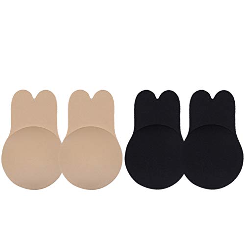 Cherislpy 2/4 Pairs Women Invisible Brassy for Backless Dress Sticky Bras Tape Breast Lifting Bra Tape Silicone Invisible Nipple (Beige&Black, Medium)