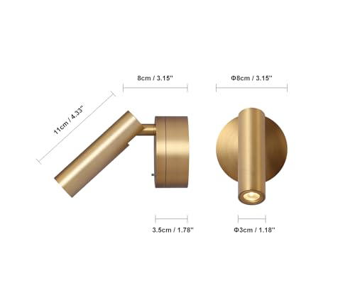 DAWALIGHT Bedside Lamp with Switch LED 3 W 3000 K Warm White 320° Adjustable Wall Light for Indoor Bedroom Living Room Aluminium, Brass