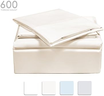 TRANQUIL NIGHTS - 600 Thread Count 100% Cotton Bed Sheet Set, 4-Piece Ivory Full Size Sheets, Soft & Silky Sateen Weave Luxury Bedding, Deep Pocket Sheets to Fit Upto 17" Mattress