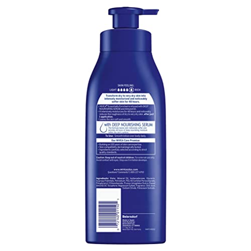 NIVEA ESSENTIALLY ENRICHED BODY LOTION FOR VERY DRY SKIN WITH HYALURONIC ACID, ALMOND OIL AND DEEP NOURISHING SERUM, 72-HOUR BODY MOISTURIZER, 16.9 FL OZ PUMP BOTTLE, PACK OF 2