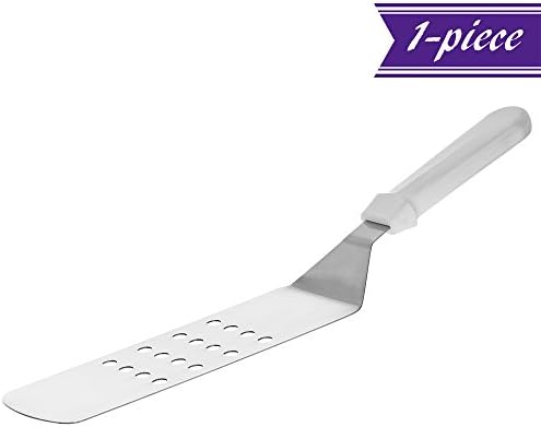 Perforated Turner Spatula with White Handle for Griddle Grill, 8 x 3-Inch Stainless Steel Flexible Blade Turner with Plastic Handle, Commercial Grade Spatula by Tezzorio